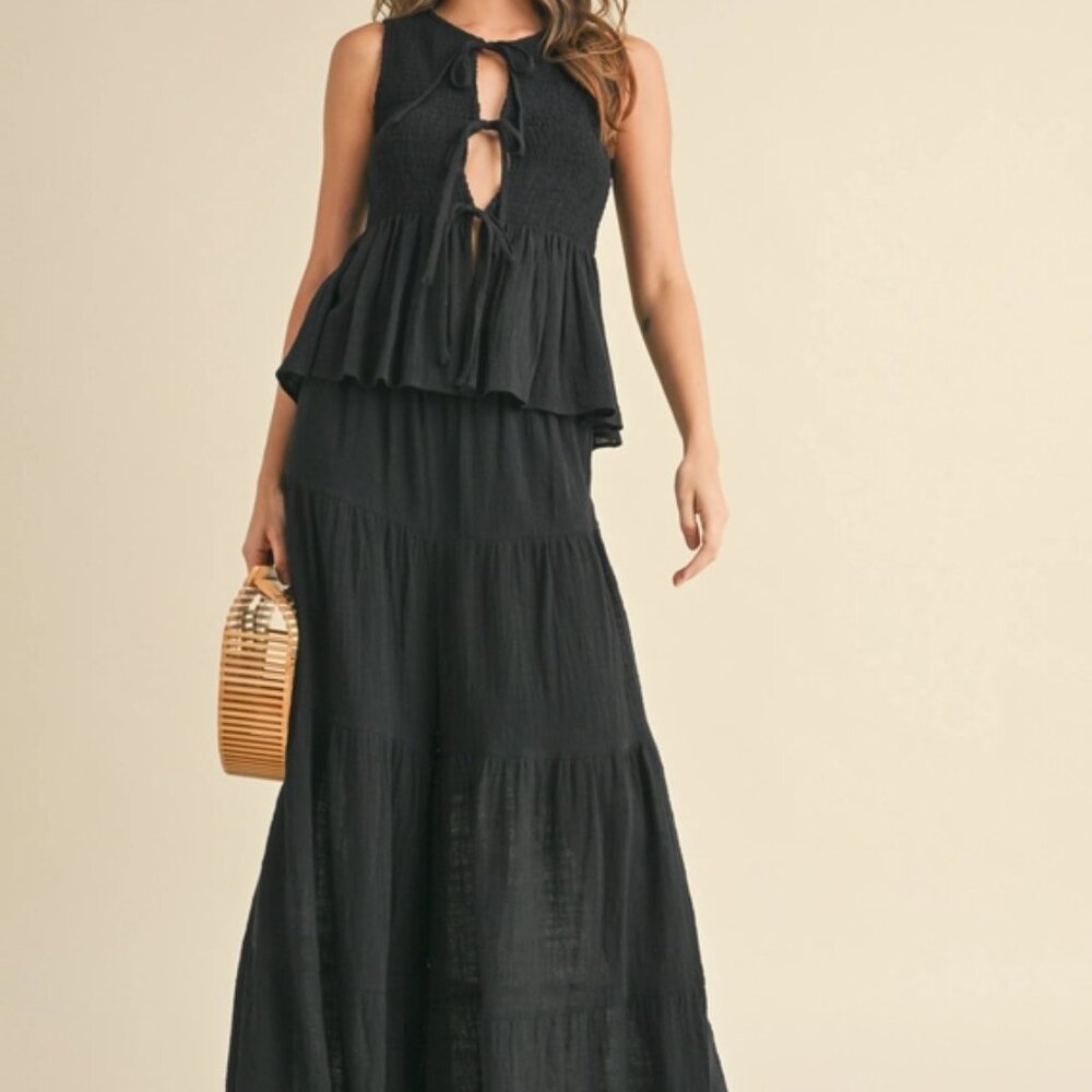 Gauze Peplum Top with Front Ties and Tiered Pants Comes in Black and Tan